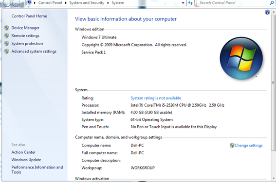 control panel to show information about RAM ON COMPUTER.